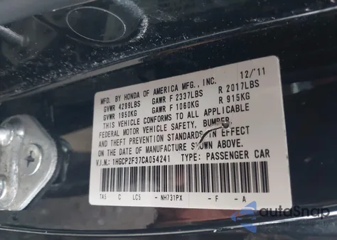 2012 Honda Accord 2.4 Lx из США, поврежденный, VIN 1HGCP2F37CA054241